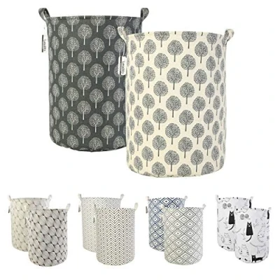 Image of LessMo 2Pcs 19.7&quot; Laundry Hamper, Collapsible Storage Basket With Easy Carry Handles, Waterproof Round Cotton Linen, for Baby Products, Toys, Bedroom Hamper