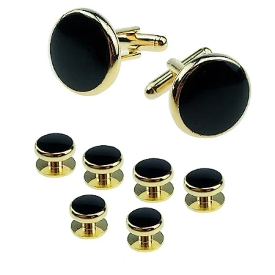 Image of Cufflinks for Men 8pcs Mens and Studs, Tuxedo Shirt Studs Set Wedding Valentines Festival Birthday Anniversary Graduation Gift (Black Gold plated)