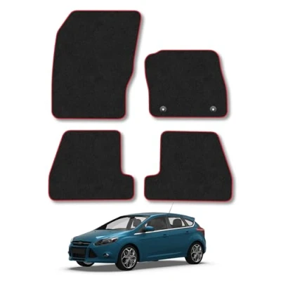Image of Car Mats Compatible with withd Focus (2011 2014) [MK3] Tailored Fit Red Trimmed Carpet Floor Mat Set Accessory Black Custom Fitted 4 Pieces Clips Anti Slip Backing &amp; Trim Edging