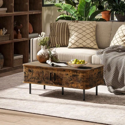 Image of HOMCOM Coffee Table with Storage, Living Room Slatted Tambour Sliding Doors and Foot Pads, Rectangular Elevated Base for Room, Rustic Brown