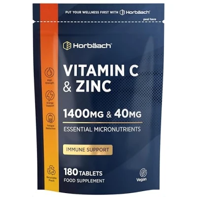 Image of Vitamin C and Zinc Tablets 180 Count High Strength 1400mg 40mg No Artificial Preservatives by Horbaach