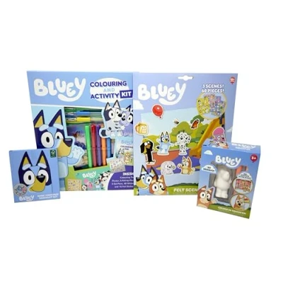 Image of Anila&#039;s Bluey Activity Set with Colouring &amp; Kit, Felt Scene Set, Colour Your Own Squish&#039;Em and Make Bracelet Set.