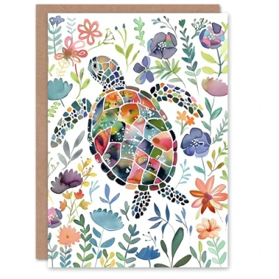 Image of Artery8 Greeting Card Abstract Sea Turtle Colourful Floral Watercolour Blank For Him Or Her Art Birthday