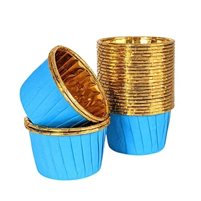 Image of Cups &amp; Cases Pleated Baking Greaseproof Standard Size Sturdy Cupcake (100, Blue Gold)