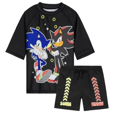 Image of Get Trend Swimsuit Set for Boys Teenagers 2 Pcs with Swimming Trunks &amp; Rash Vest Beach Trip Holiday Essentials (7 8 Years, Black Sonic)