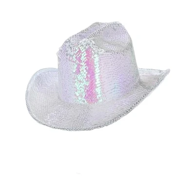 Image of Smiffys Fever Deluxe Sequin Cowboy Hat, Iridescent White, Accessories Fancy Dress, Western Dress Up Hats
