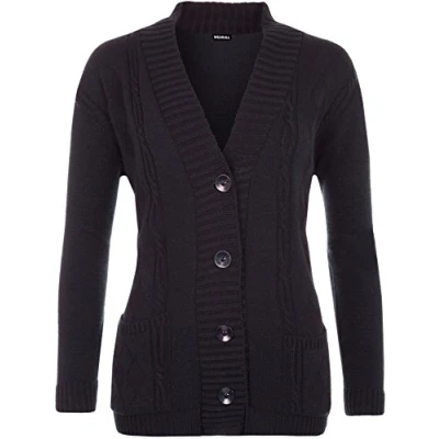 Image of WearAll Plus Size Womens Button Long Sleeve Pocket Top Ladies Knitted Cardigan Navy Blue 12 14