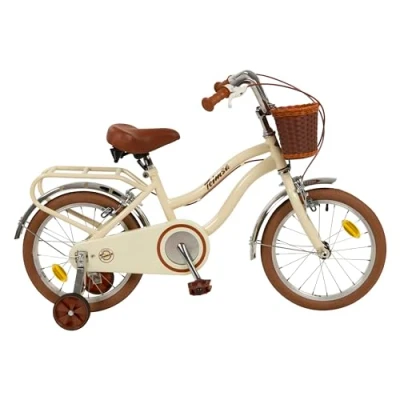 Image of Toimsa Vintage 16 inch Kids Bike/Bicycle, with a retro look rear carrier rack and front wicker style basket training wheel stabilisers, 5 7 Years, Beige Brown