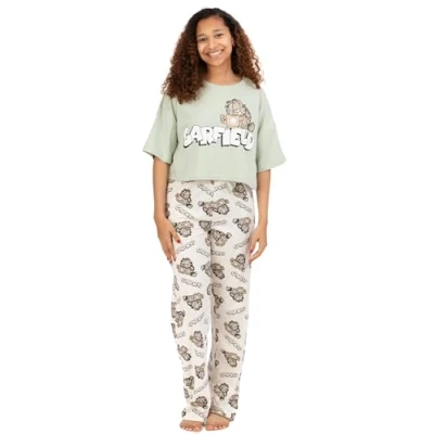 Image of Garfield Womens Pyjamas Adults Ladies Lazy Tabby Cat Green T Shirt With Cream Long Bottoms Pjs Movie Merchandise Small