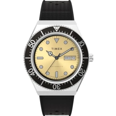 Image of Timex Men&#039;s Q Automatic 40 mm Watch Stainless Steel Synthetic Rubber Strap Champagne Dial Case TW2W47600
