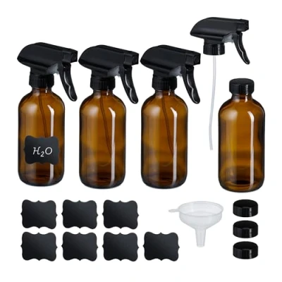 Image of Relaxdays Glass Spray Bottle, Set of 4, 250 ml, Mist &amp; Jet, Hair Care, Water Sprayer, Cleaning Plants, Amber/Black