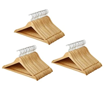 Image of Bargain House Pack of 60 Heavy Duty Wooden Coat Hangers 360 Rotate Metal Chrome Hook, Shoulder Notches Non Slip Trouser Bar Suitable for Coat, Jacket, Suit, Pants, Trouser, Dresses Brown