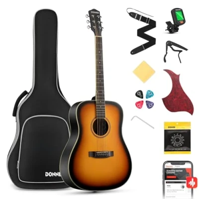 Image of Donner Acoustic Guitar Full Size 4/4 Dreadnought 41 inch Kit for Beginner with Gig Bag Capo Picks Tuner Strap Strings (Sunburst)