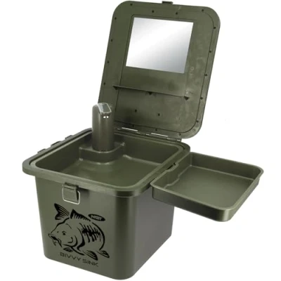 Image of NGT Bivvy Sink with Auto Tap &amp; Water Containers Compact Outdoor Wash Hygiene Station for Fishing, Camping, Cleaning Mirror Tray Included
