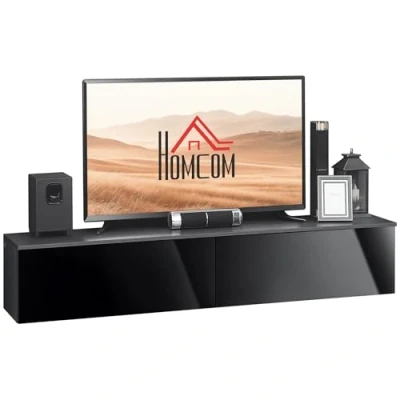 Image of HOMCOM 160cm High Gloss Floating TV Unit Stand for TVs up to 70&quot;, Wall Mounted Cabinet with Storage Cupboards, Grey and Black