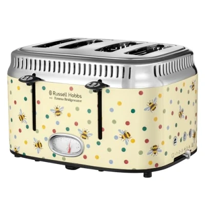 Image of Russell Hobbs Emma Bridgewater Bumble Bee &amp; Polka Dot 4 Slice Toaster (Countdown gauge shows time remaining, Independent Wide Slots, Lift look feature, 6 Browning settings, 2400W, Cream) 27250