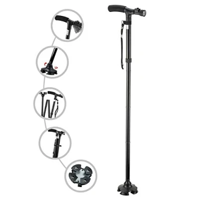 Image of Folding Cane with Led Light, Adjustable Canes and Walking Sticks for Men Women, Stick Elderly Cushion T Handle Pivoting Quad Base