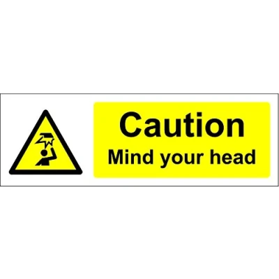Image of Warning Mind your head safety sign Self adhesive sticker 200mm x 66mm