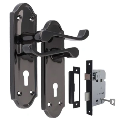 Image of Black Nickel Internal Door Handles Sets with 2 SASH Lock,Black Handle Set for Doors, in (1 Pair of Lock + 3 Lever MORTICE Lock)