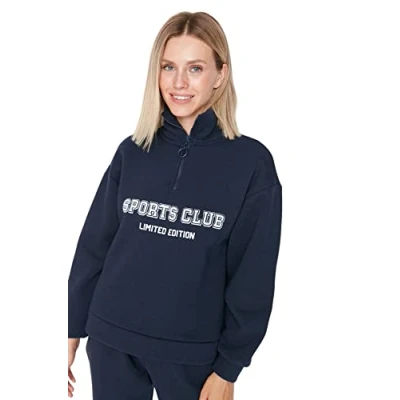Image of Trendyol Women Boyfriend Basic Hood Knitted Sweatshirt Navy Blue