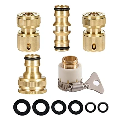 Image of Brass Tap Hose Connector Kit,Outdoor Garden Pipe Fittings(Round Universal Mixer 3/4&amp;1/2 inch 2in1 Threaded Connector,2 End Quick Connector,Double Male Connectors