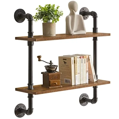 Image of YMYNY 2 Tier Industrial Pipe Wall Mount Shelves, Rustic Storage Floating Bookshelf, Kitchen Spice Rack, for Bedroom, Kitchen, Living Room, Bathroom HRF TM004