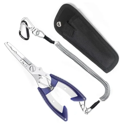Image of J&amp;D Multi Functional Lightweight Stainless Steel Fishing Plier Hook Remover Tool with Safety Coiled Lanyard (Blue)