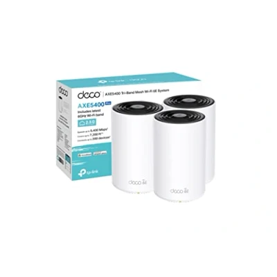Image of TP Link Deco XE75 Pro AXE5400 Whole Home Tri Band Mesh Wi Fi 6E System, 1x 2.5 Gbps Port + 2x Gigabit Ports, AI Driven Mesh, cover up to 2,900 ft2, Connect 200 devices, HomeShield, 8K, Pack of 3