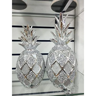 Image of Biznest Xl Silver Set Of 2 Pineapples Sparkle Bling Ornament Crushed Diamond Shelves Display