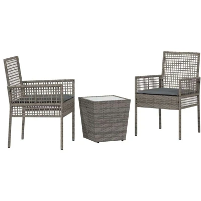 Image of vidaXL 3 Piece Garden Bistro Set with Cushions Grey Poly Rattan