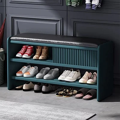 Image of Modern Shoe Storage Bench,Wooden Entryway Bench With Leather Cushion,Upholstered Cabinet Hallway Organizer Furniture Blue black seat 100x30x45cm(39x12x18inch)(39x14x18in