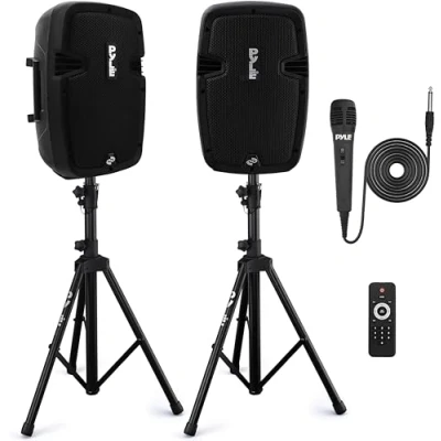 Image of Pyle Powered PA Speaker System Active &amp; Passive Bluetooth Loudspeakers Kit with 8 Inch Speakers, Wired Microphone, MP3/USB/SD/AUX Readers, Stands,Remote Control PPHP849KT Black