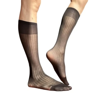 Image of YUZIMEI Men Socks, Mens Nylon Sheer Suit Socks Business Dress Elastic Wide Striped See Through Formal Over the Calf Stockings Black