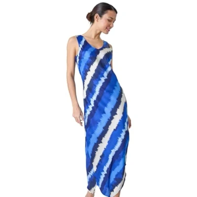 Image of Roman Womens Stripe Print Satin Bodycon Midi Slip Dress Blue Size 10 UK
