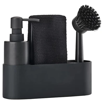 Image of Zone Denmark Singles Sink Organiser, Washing Up Organiser with Brush, Detergent Dispenser, Washcloth &amp; Dish Cloth Holder, 22 x 6.7 19 cm, 4 Pieces, Black