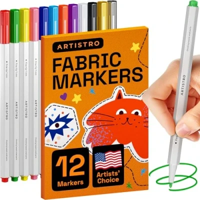 Image of ARTISTRO 12 Fabric Markers Fine Tip Permanent for Clothes No Bleed Pens T Shirts, Bags, Textile, Canvas, and more