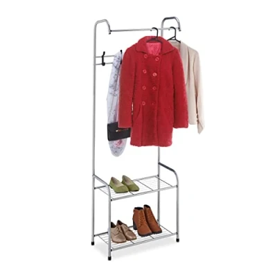 Image of Relaxdays Coat Rack Shelves, 4 Pairs of Shoes, Hooks, 1 Clothes Rail, for Hallway HWD: 173 x 60 31cm, Grey, 100% steel