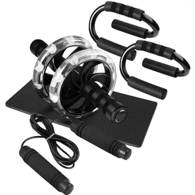 Image of Fitness Kit Body Workout Yoga Ab Roller Set Gym Exercise Home Use Strength Training Abdominal Trainer Equipment (Ab Wheel, Skipping Rope, Push Up Stands Bar, Foam Knee Mat)