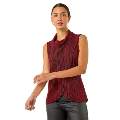 Image of Roman Originals Women Flocked Floral Cowl Neck Tunic Ladies Spring Everyday Summer Evening Vacation Work Holiday Long Sleeve Smart Casual Red Black Size 18