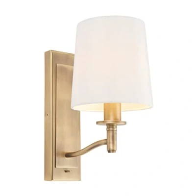 Image of National Lighting Rowan Decorative Matt Antique Brass E14 LED Compatible Wall Light with a White Fabric Shade