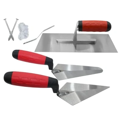 Image of New Heat Treated Carbon Steel Blades Trowel Set Hand Brick Plastering Builders Soft Grip Handle with line pins 7pcs