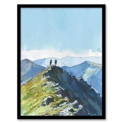 Image of Artery8 Hikers on Helvellyn Mountain Ridge Landscape Living Room Artwork Framed Wall Art Print 18X24 Inch