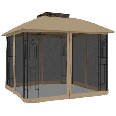 Image of vidaXL Gazebo with Double Roof and Mesh Walls Taupe 2.94x2.94 m Steel