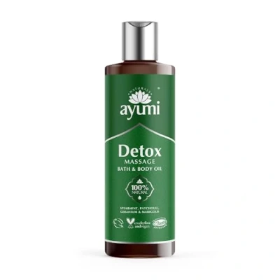 Image of Ayumi Detox Lymphatic Drainage Massage Oil, Natural Cold Pressed Energising Aromatherapy Body &amp; Bath Oil with Spearmint, Geranium, Patchouli, Calendula, 1 x 250ml