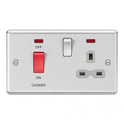 Image of KnightsBridge 45A DP Cooker Switch 13A Switched Socket with Neons &amp; Grey Insert Rounded Edge Brushed Chrome