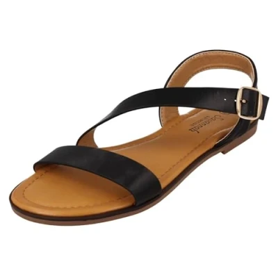 Image of Ladies Savannah Flat Y Strap Mule Sandal with Buckle F00443 Black Synthetic UK Size 5 EU 38 US 7