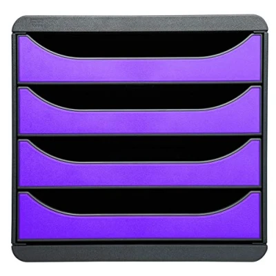 Image of Exacompta Ref 310720D BIG BOX Desktop Drawer Set 4 x 55mm Drawers, Suitable for A4+ Documents, 347 278 267mm, 100% Recycled Plastic Black/Purple