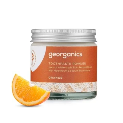 Image of Georganics Whitening Toothpowder Natural Blend &amp; Stain Remover with Magnesium Sodium Bicarbonate Vegan, SLS, Cruelty and Fluoride Free Orange 60ml