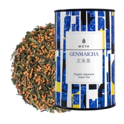 Image of Moya Organic Japanese Genmaicha Green Tea Loose Leaf 60g Sencha with Rice from Japan Friendly for Vegans and Vegetarians Packed in Multicolored Carton Tin Perfect a Gift