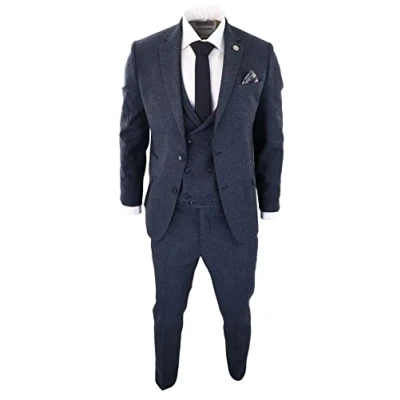 Image of Mens 3 Piece Tweed Suit Blue Herringbone Double Waistcoat Classic Vintage Shelby 1920s Navy 50